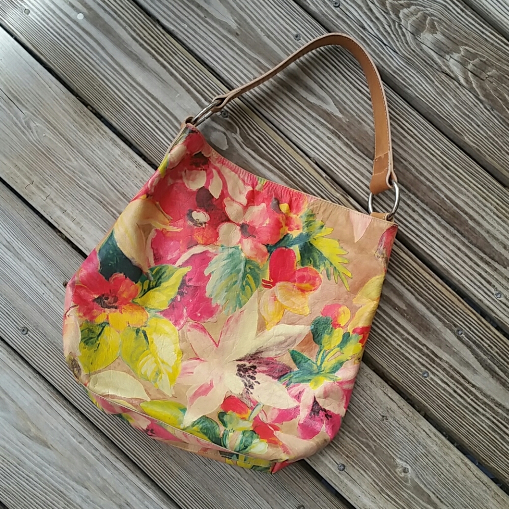 Maurizio Taiuti Floral 100% Leather Shoulder Bag in Pink, Yellow, Green, Tan